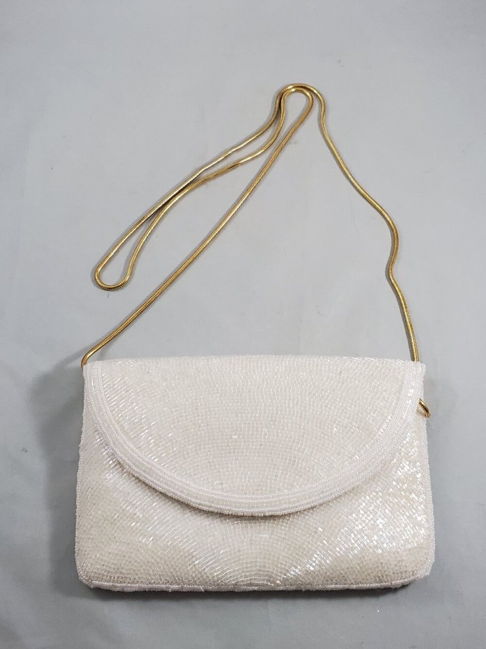 Vintage White Beaded Evening Bag Clutch Snake Chain Strap Rainbow Shimmer Beads